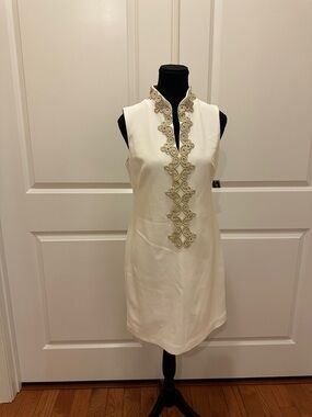 Jessica Howard Cream Sleeveless Midi Dress with Gold Embroidered Trim